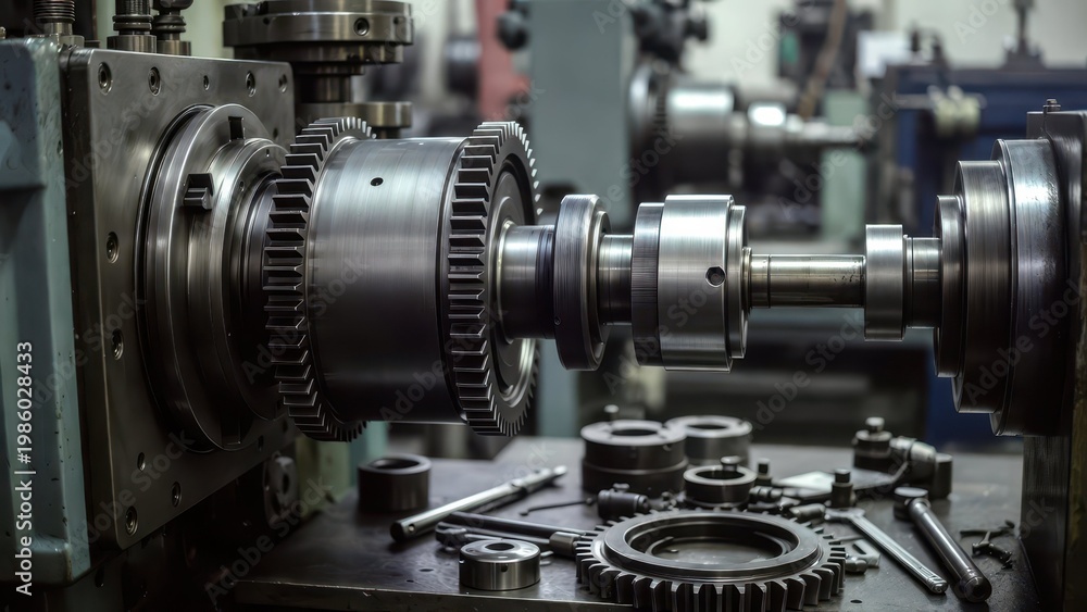 Fototapeta premium Industrial Machinery Components in a Manufacturing Workshop Environment