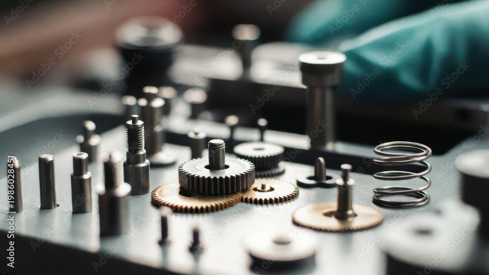 Naklejka premium Close-up of Metal Gears and Engine Components on Workshop Table
