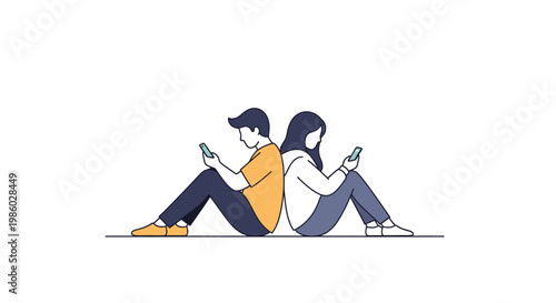 Young couple sitting back to back using smartphones.