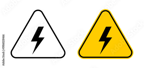High voltage warning sign icon set in solid and colored styles. Electrical hazard and electric shock danger symbols for industrial workplace, construction and safety signage design