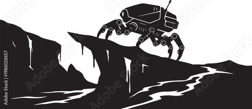 Black, robotic spider, futuristic creature, cliff landscape, vector illustration