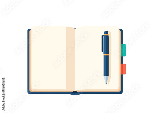 Open Notebook with Pen and Colorful Tabs.