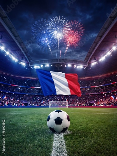 French soccer stadium with fireworks and flag on field at night