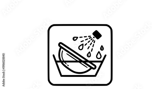 A minimalist vector graphic icon depicting a bowl with a spray bottle and water droplets