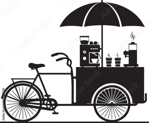 Black bicycle food cart, coffee vendor bike, street food vendor, umbrella shaded