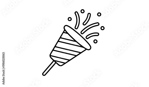A minimalist vector illustration of a party popper in black lines