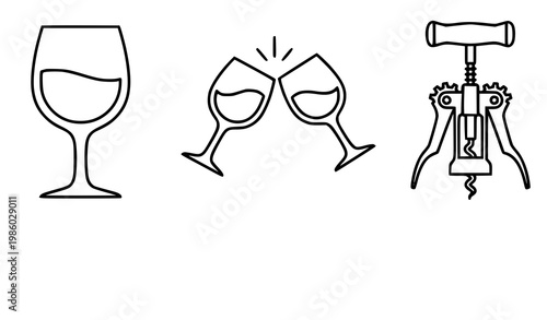A set of wine glasses and a corkscrew in a minimalist line art style