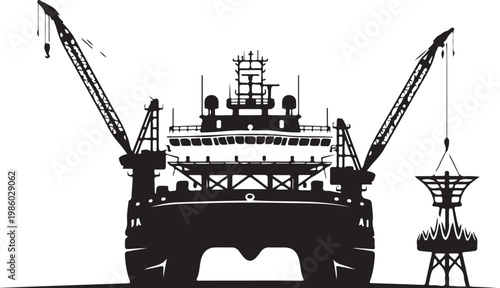 Industrial cargo ship, vessel silhouette, crane illustration, maritime icons, black and white graphics