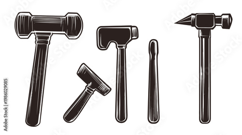 Black and white illustration of different hammer types on a white background. Hand tools