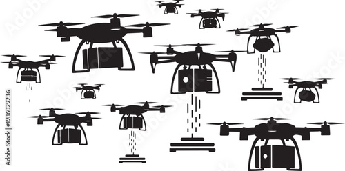 Drone, drone icons, drone silhouettes, black drones, flying robots
