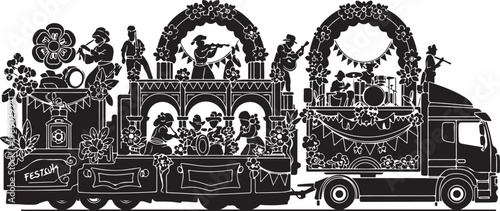 Mardi Gras, festive parade floats, decorated trucks, black and white vector illustration, carnival celebration elements