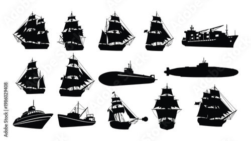 A collection of black silhouette ships including sailboats submarines and a tugboat high quality professional detailed
