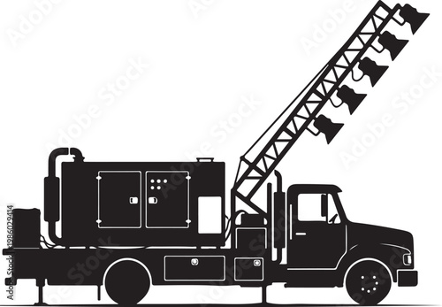 Fire truck, emergency vehicle, rescue truck, silhouette, black and white, vector illustration