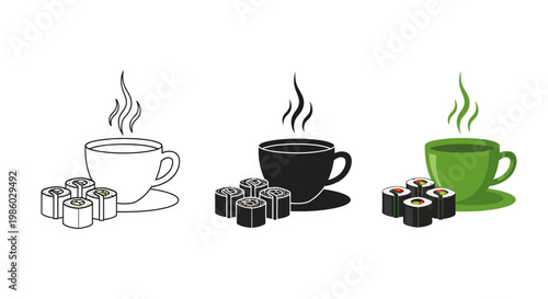 Japanese green tea and sushi maki rolls vector set, steaming hot tea cup with seafood rolls, minimalist asian food icons in black and white