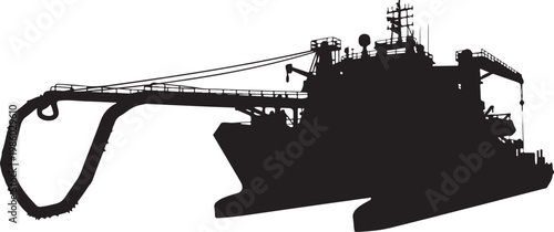 Black silhouette cargo ship, industrial vessel, harbor crane, vector illustration