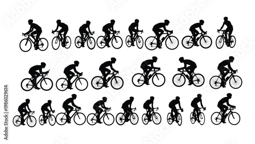 A collection of silhouettes depicting cyclists in various riding positions on bicycles high quality professional detailed