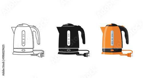 Electric kettle vector set, modern kitchen appliance icons in outline, silhouette and orange flat styles, household tea and coffee equipment