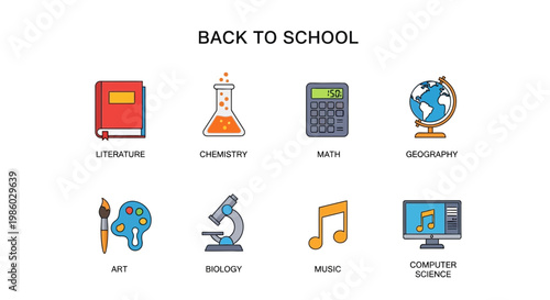Back to school icon set with 8 education symbols, flat line school subject icons for literature and math, academic science and art vector elements