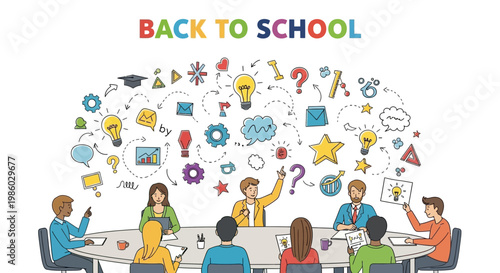 Back to school vector illustration, diverse students and teachers in classroom brainstorming session, educational icons and creative ideas doodle