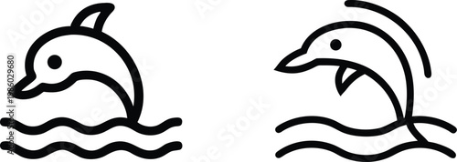 Dolphin Jumping from Waves Icon Set, Minimalist Monoline Marine Life Vectors, Two Playful Leaping Dolphin Outlines, Modern Aquatic Nature Graphic Elements