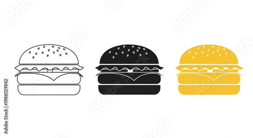 Minimalist burger icon set, flat vector cheeseburger illustrations in black, white, and yellow, fast food restaurant menu symbols for digital design