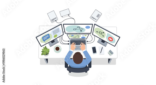 Modern programmer workstation flat vector, software developer working at multi-monitor desk, top view of professional coder office setup with laptop