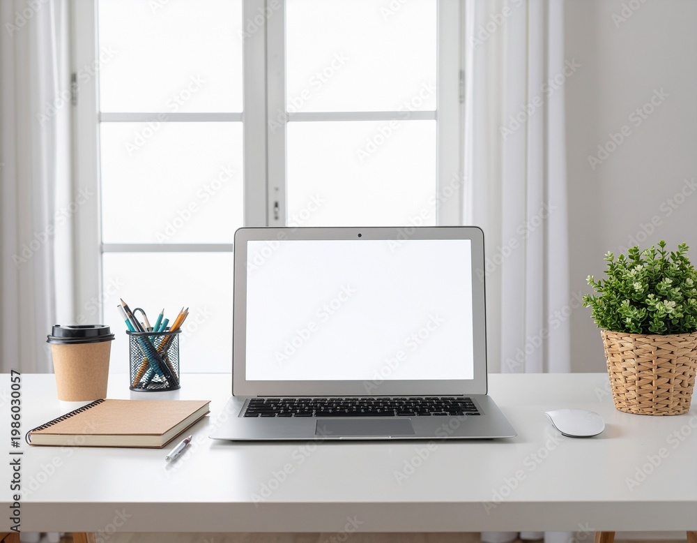 Fototapeta premium Minimalist home office setup with laptop mockup on white desk