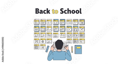 Back to school vector illustration, student studying with digital tablet and educational icons, online learning and academic research concept
