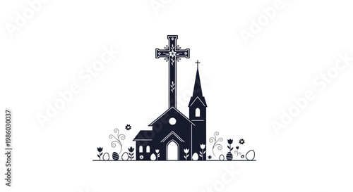 Christian church silhouette with ornate cross and Easter eggs, religious chapel building vector, spiritual cathedral landscape for greeting cards