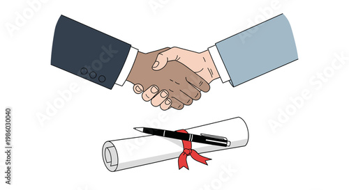 Professional business handshake vector, diverse partners closing a deal, legal contract scroll with pen and red ribbon, corporate agreement concept