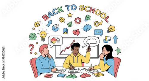 Back to school vector illustration, diverse students studying together in classroom, educational concept with colorful icons and learning symbols