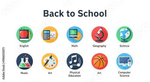 Back to school flat icon set, educational subject symbols for curriculum planning, academic learning vector elements for student schedules