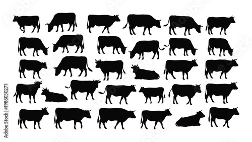 A collection of black silhouettes depicts numerous cattle in various poses and orientations high quality professional