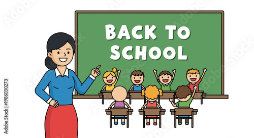 Back to school vector illustration, smiling female teacher in classroom with students, elementary education concept with green chalkboard and pupils