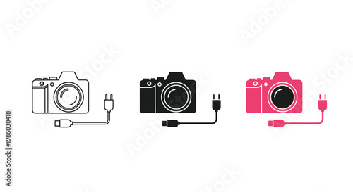 Minimalist digital camera icon set with power charging cable, photography equipment symbols in outline and solid styles, professional camera vector graphics