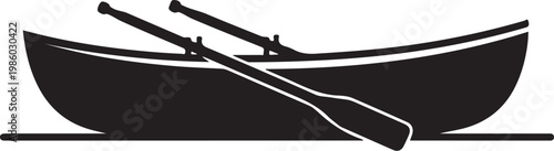 Black boat, rowing boat, vector icon, watercraft, oars