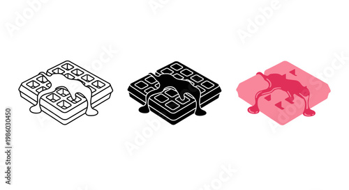 Waffle icon set with maple syrup, isometric breakfast food vector illustrations, black line and pink flat style waffle symbols for restaurant menus