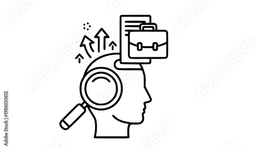 A minimalist vector icon of a head with a magnifying glass and briefcase