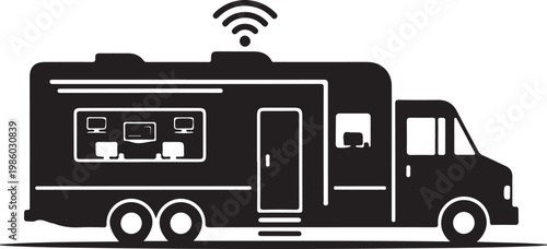 Motorhome, RV, camper van, vehicle icon, wifi symbol, black silhouette