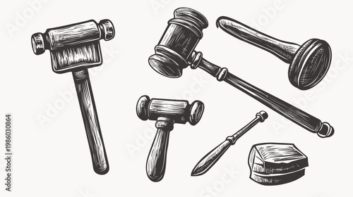 An isolated monochrome illustration showing different kinds of hammers and sounding blocks