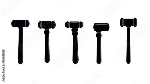 Silhouettes of diverse stylized mallets, varying handle and head shapes, in a clean, isolated composition