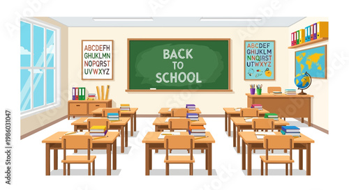 Back to school classroom interior with blackboard and school supplies and furniture in a bright indoor room