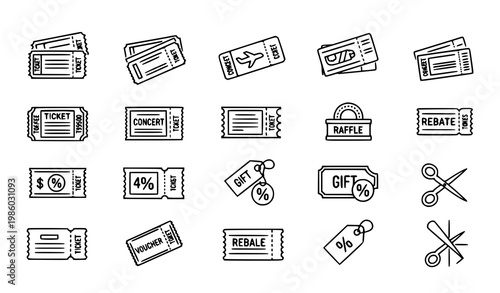 A collection of black and white line art ticket icons and discount symbols