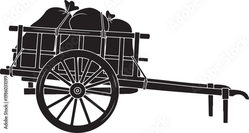 Vintage farm cart, rustic wagon, black silhouette, agricultural vehicle, isolated