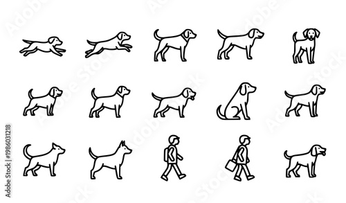 Quadro em tela Dog icon set vector black white line poses running jumping illustration