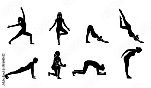Yoga poses vector set black white fitness exercise silhouettes flexibility