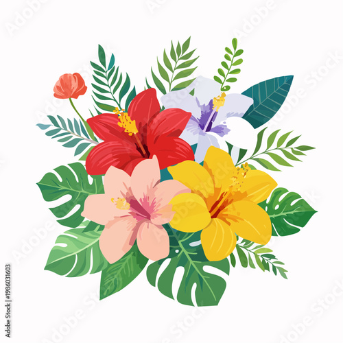 Lebendige tropische Blumen, einzeln freigestellt auf weißem Hintergrund,