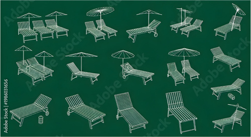 Beach Sunbeds Layout Blueprint Icon Set – AutoCAD Resort Multi View Landscape Technical Drawing White Outline on Dark Green Background