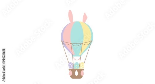 Pastel Easter hot air balloon with bunny ears, whimsical holiday vector illustration, colorful eggs in a basket for spring celebrations
