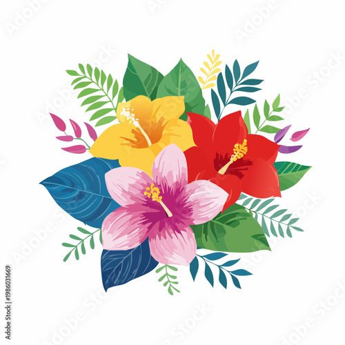 Lebendige tropische Blumen, einzeln freigestellt auf weißem Hintergrund,